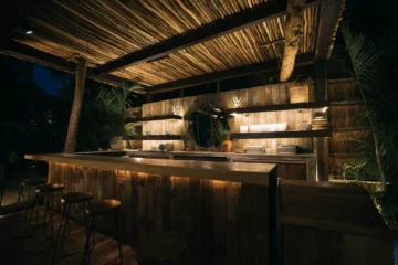 DIY outdoor bar with wood paneling