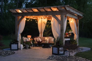 One pergola lighting idea is to weave string lights underneath the rafters, as shown here