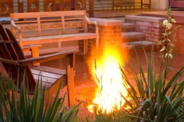 This image depicts a sunken brick patio with a fire pit in the center surrounded by wooden benches and yucca plants - One example of the sunken fire pit ideas